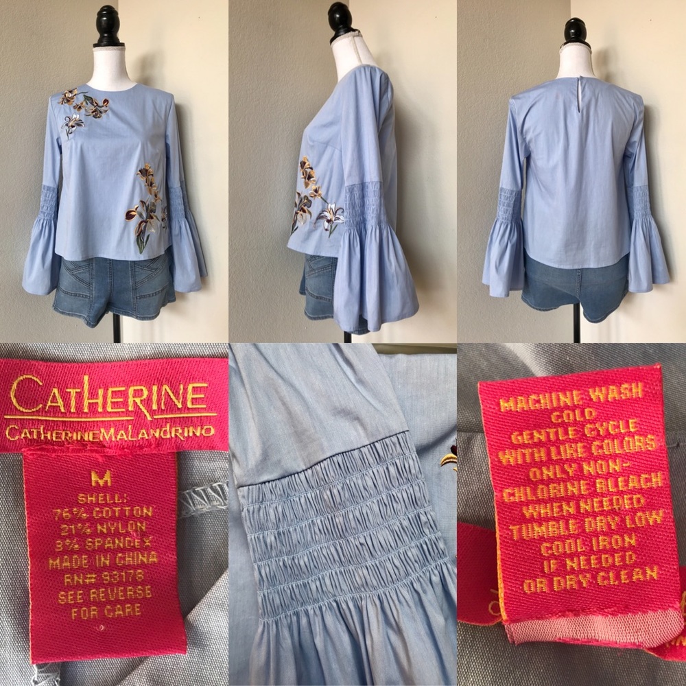 DONATING Last Chance! Catherine Malandrino Blue Reed Bell-Sleeve Top Med - Picture 4 of 8